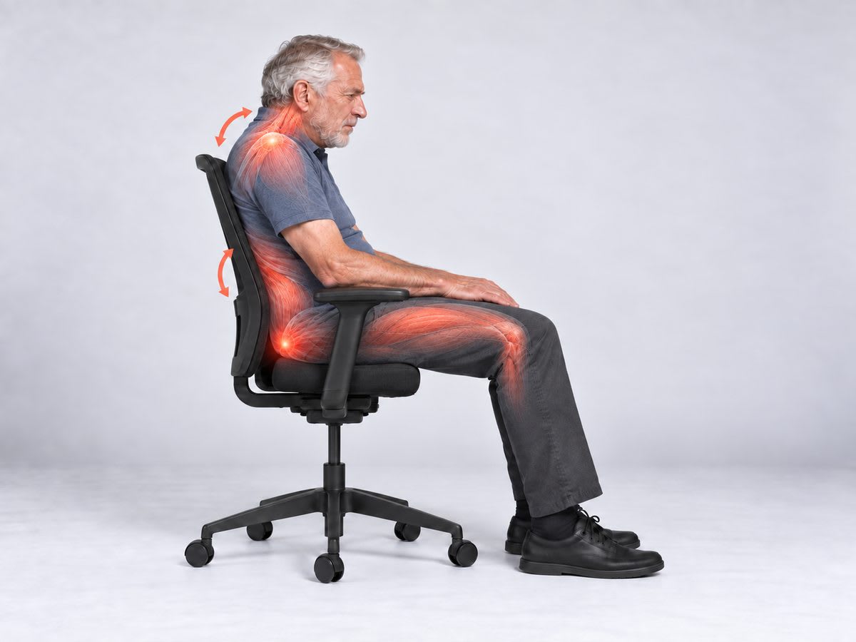 Illustration of a person seated motionless for a long stretch, pressure building at the base of the spine.