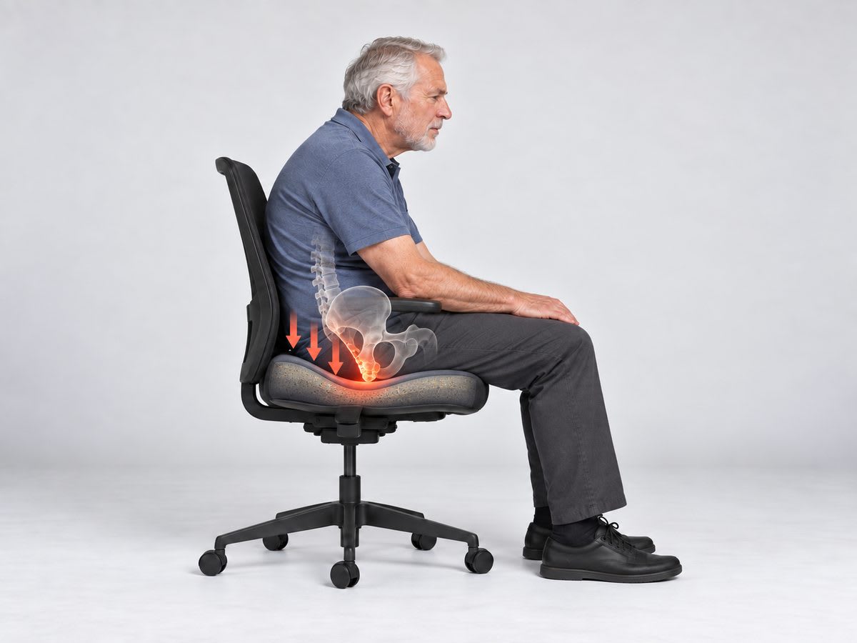 Illustration of a seat cushion compressing under sustained weight until the pelvis bottoms out against a harder underlying surface.