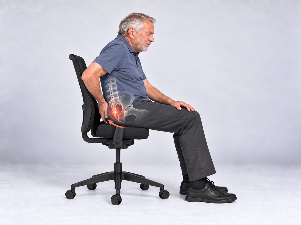 Illustration highlighting the coccyx at the base of the spine, indicating increased sensitivity following a prior injury.