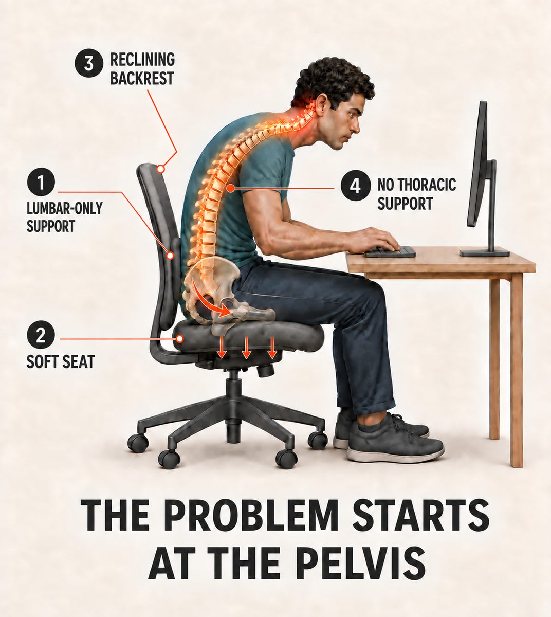 Infographic illustrating the postural cascade: reclining backrest, soft seat, lumbar-only support, and no thoracic support all feeding into a seated person's rounded spine. The problem starts at the pelvis.