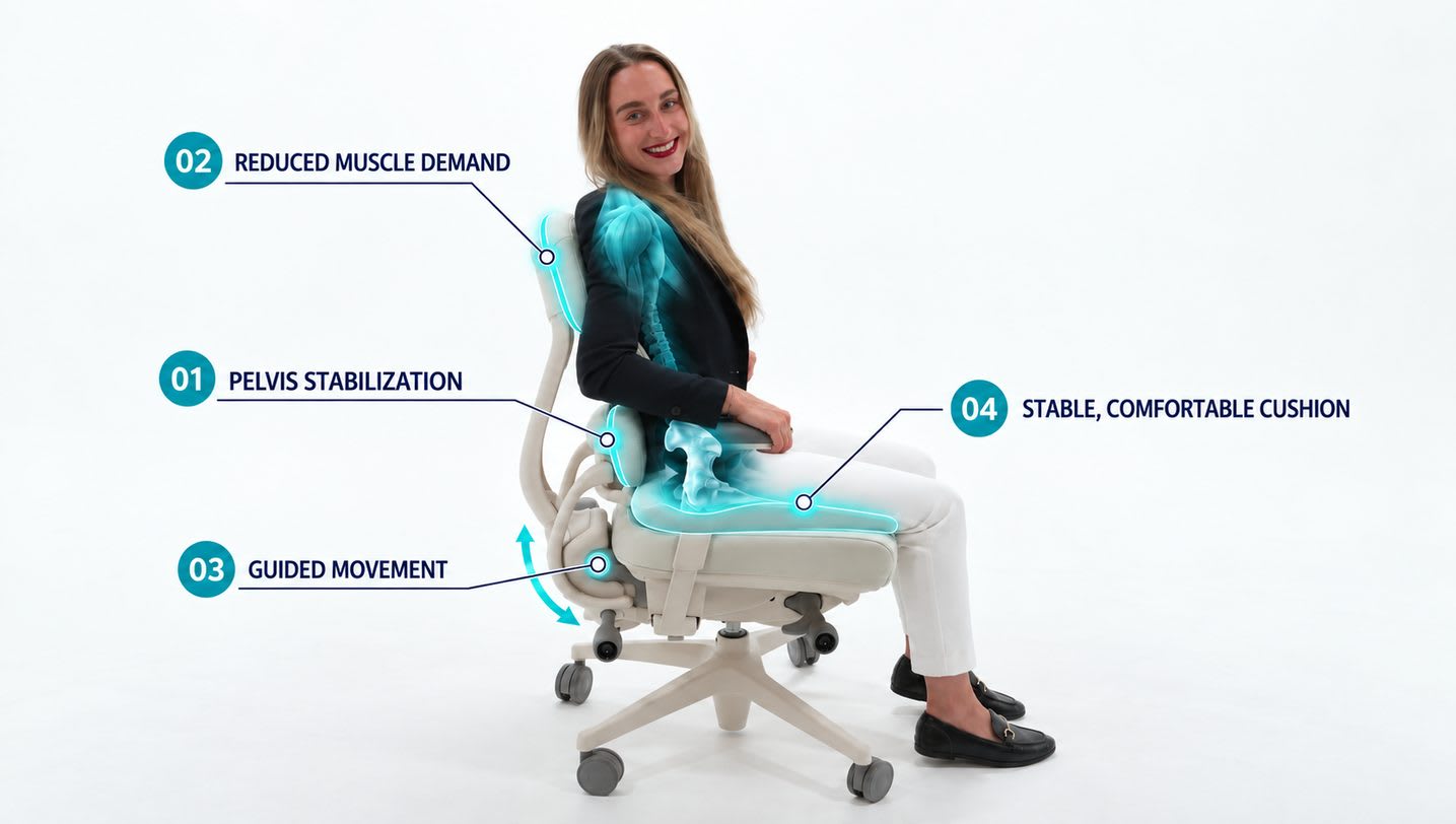 Annotated view of the Anthros chair labeling its four support features: pelvis stabilization, reduced muscle demand, guided movement, and a stable, comfortable cushion.
