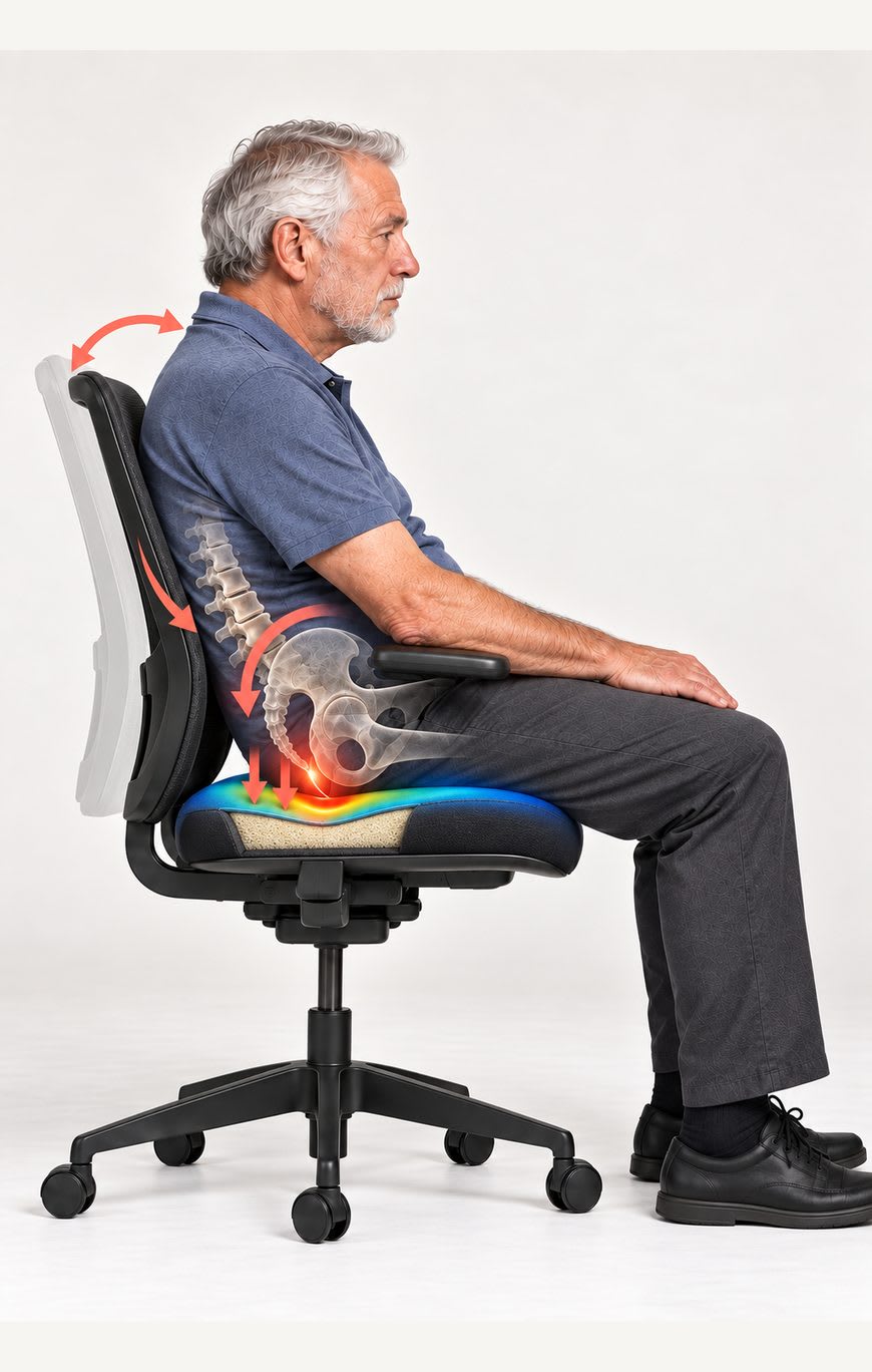 Infographic contrasting a reclined, soft-cushioned chair collapsing the pelvis against a seat that holds the pelvis in neutral.
