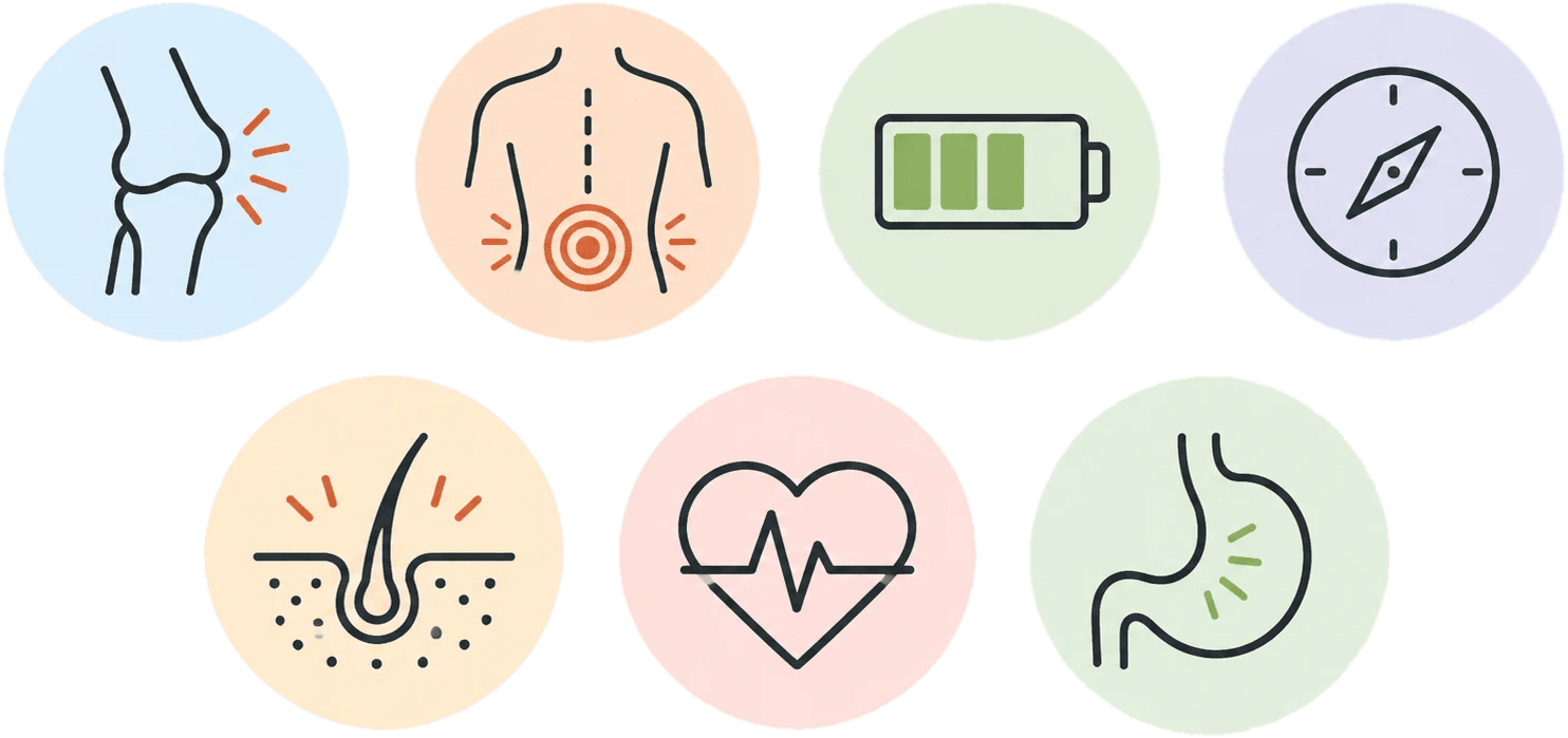 Infographic of common Ehlers-Danlos syndrome and hypermobility symptoms: seven pastel icons for joint instability, chronic pain, fatigue, reduced proprioception, skin changes, a racing heart and digestive issues.