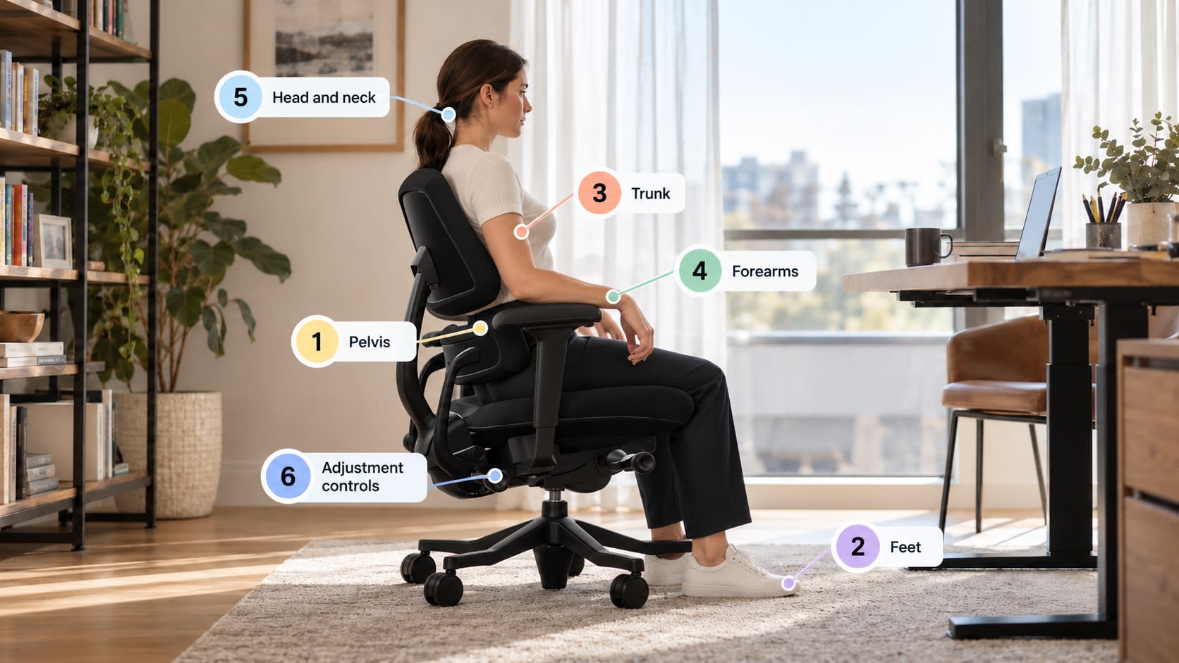 Diagram of supportive seating points for Ehlers-Danlos syndrome: a woman seated in a supportive chair in a home office, with numbered callouts for pelvis, feet, trunk, forearms, head and neck, and adjustment controls.