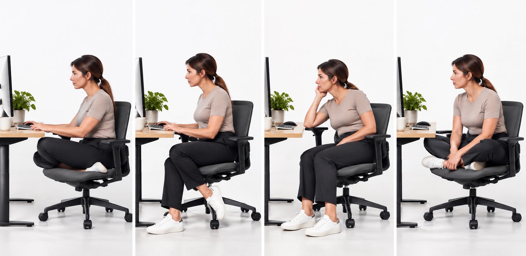 Four side views of a woman at a desk chair in compensating positions: sitting cross-legged while typing, one leg wrapped around the chair base, leaning on one elbow with her chin in her hand, and sitting cross-legged on the seat.
