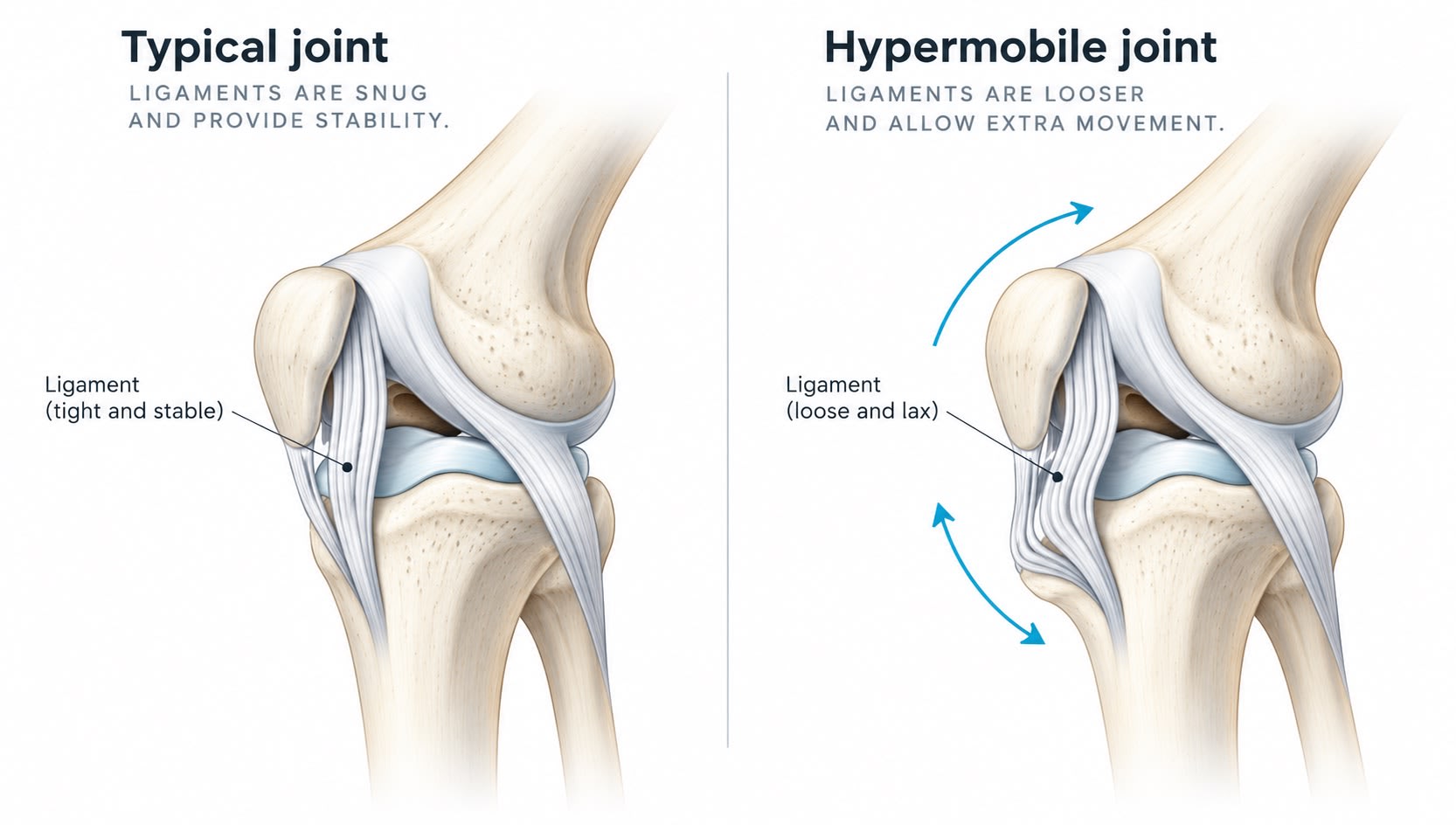 Diagram comparing typical ligaments with loose ligaments in joint hypermobility: on the left a knee joint with snug, stable ligaments; on the right a knee joint with looser ligaments and arrows showing extra movement.