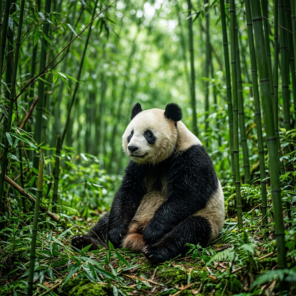 Giant panda in bamboo forest