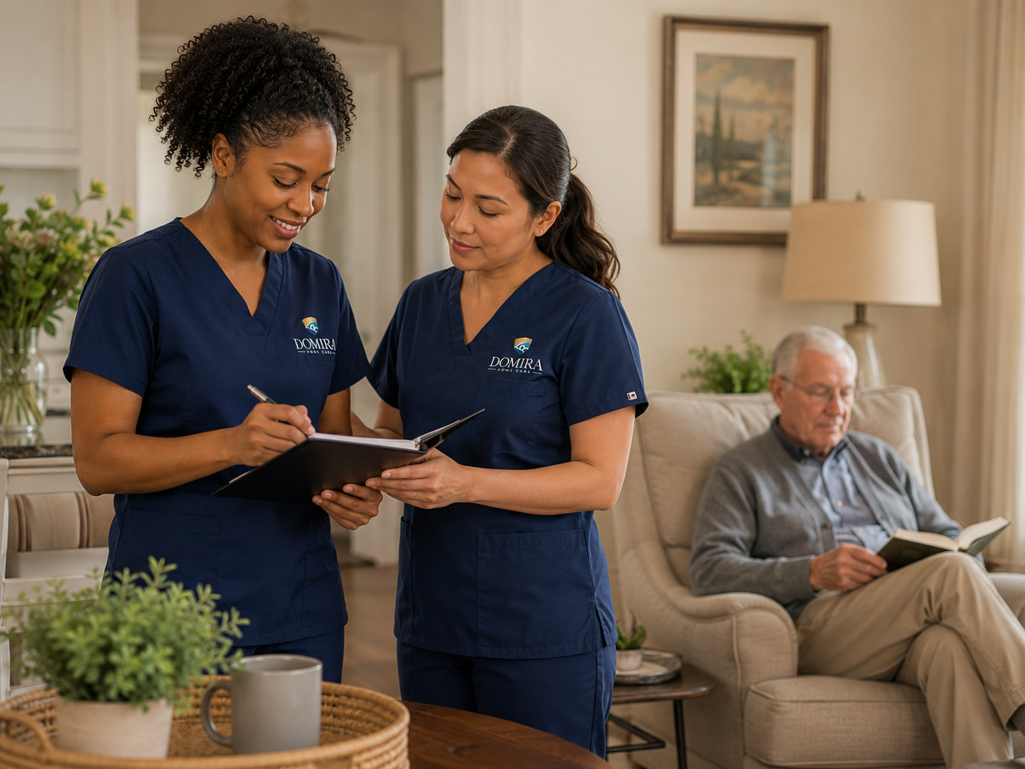 Two Domira caregivers reviewing care notes while an older client sits nearby