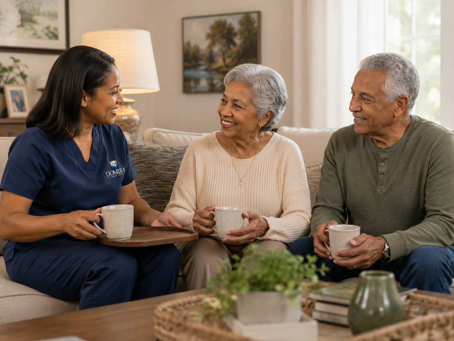 Domira caregiver sharing coffee and conversation with an older couple