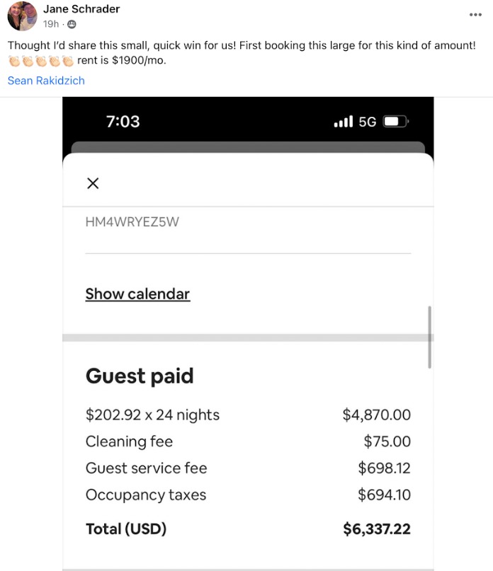 Jane Schrader — $6,337 single booking, rent $1,900/mo