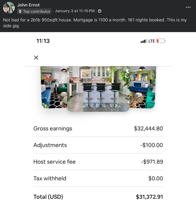 John Ernst — $31,372.91 from 2bed/1bath side gig, 161 nights