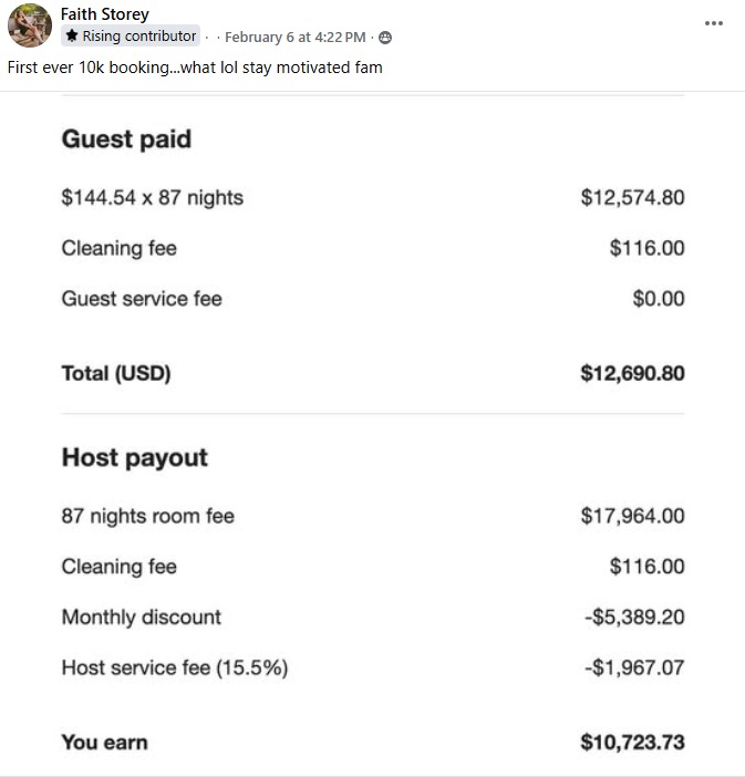 Faith Storey — $10,723.73 host payout, first 10k booking