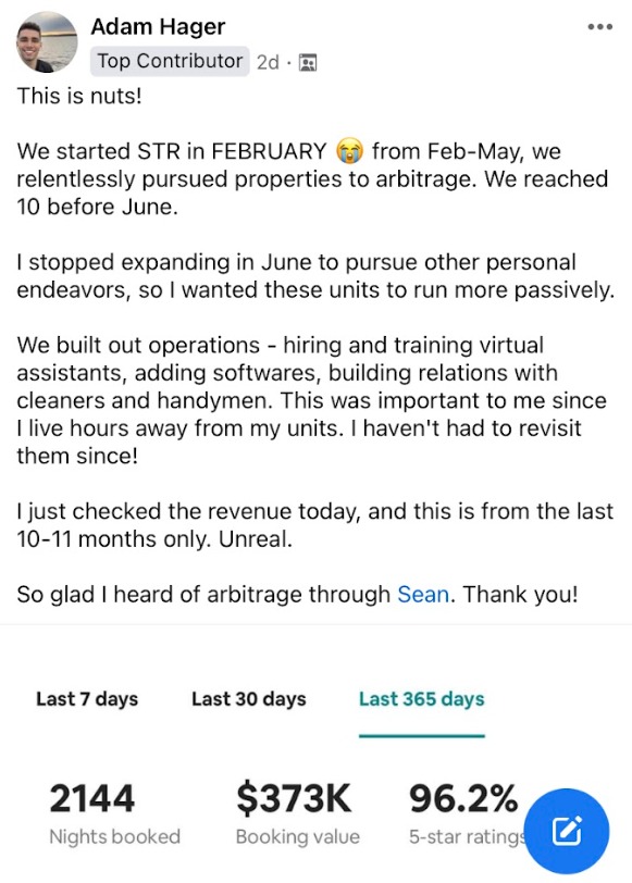 Adam Hager — $373K booking value in 365 days, 96.2% 5-star