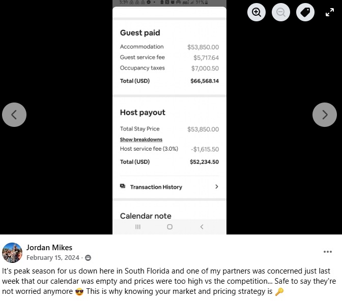 Jordan Mikes — $52,234.50 host payout peak season South Florida