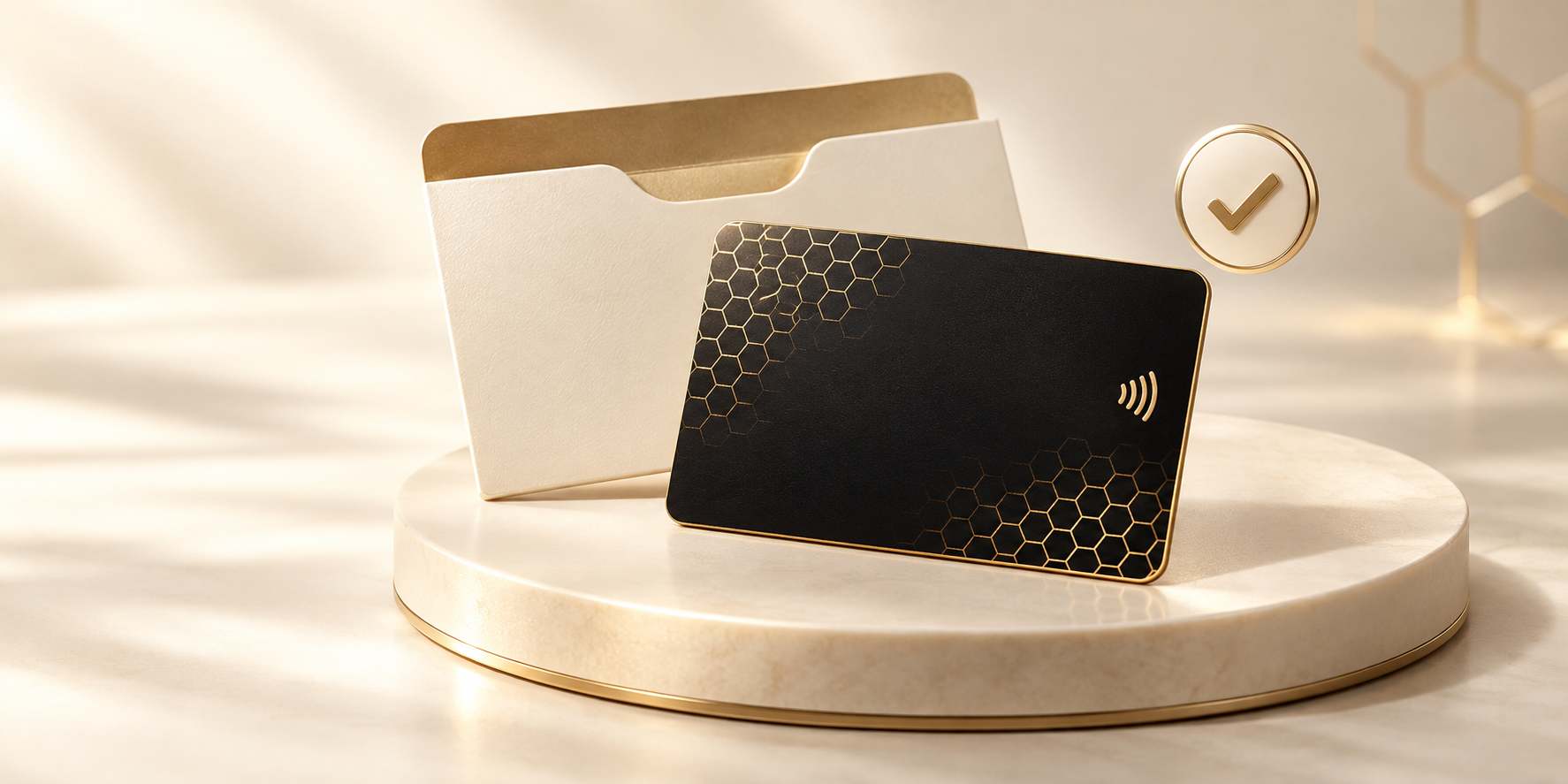Black-and-gold BEIZ Tap card with its welcome sleeve