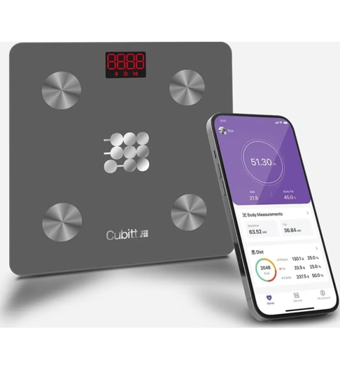 CUBITT - Báscula de peso digital inteligente, analizador de composición corporal, IMC, masa muscular, báscula de grasa corporal con sincronización de aplicación para teléfono inteligente con Bluetooth