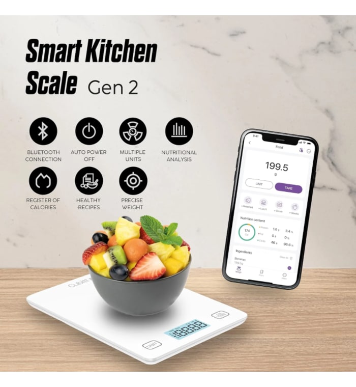 CUBITT Báscula inteligente de cocina, báscula de alimentos Bluetooth con calculadora nutricional para ceto, macro y calorías, gramos digitales y onzas para pérdida de peso, cocinar y hornear