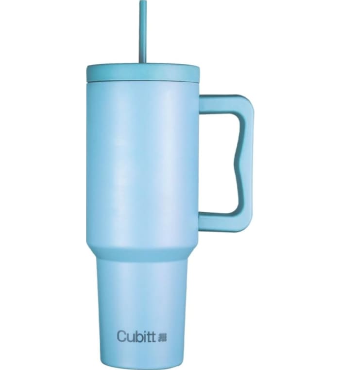 Botella Cubitt aislado de acero inoxidable de 40 oz con asa y tapa con pajita, compatible con portavasos Color Azul claro