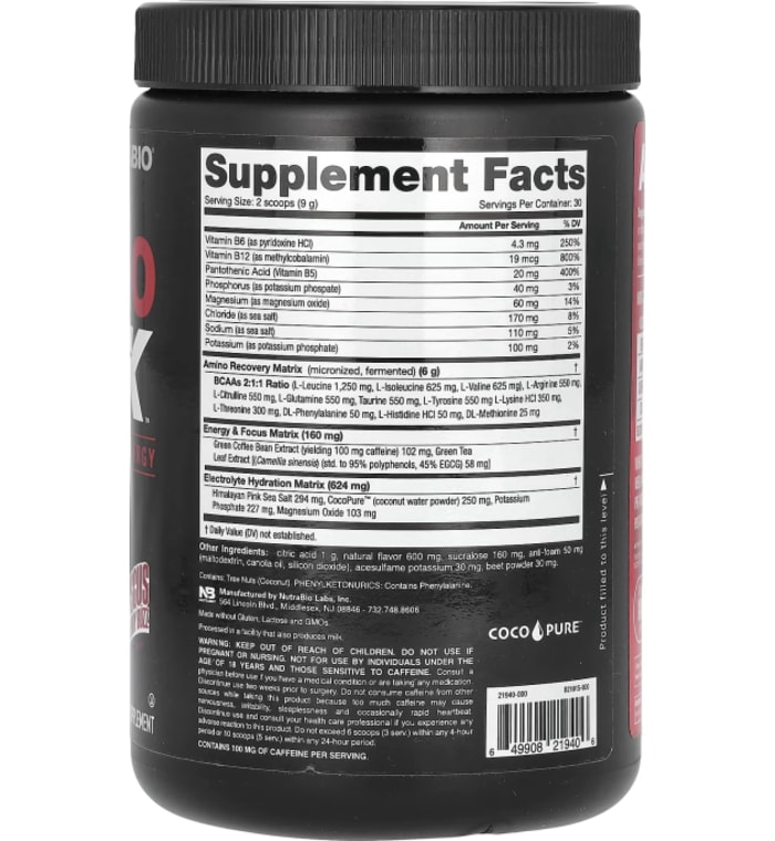 NutraBio Amino Kick - Suplemento de Aminoácidos Hibisco y Fresa 269 g (0.59 lb)