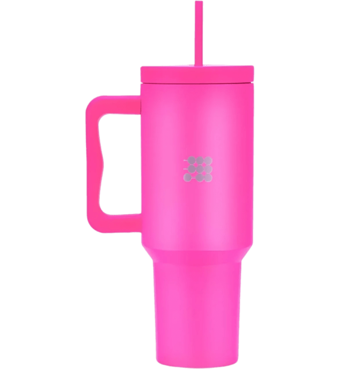 Botella Cubitt aislado de acero inoxidable de 40 oz con asa y tapa con pajita, compatible con portavasos Color Rosa fuerte
