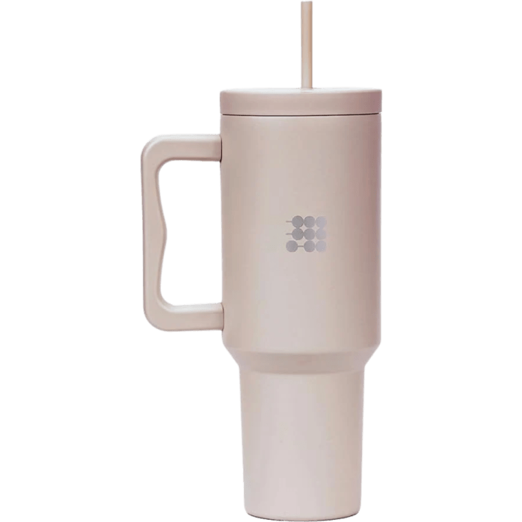 Product image of Botella Cubitt aislado de acero inoxidable de 40 oz con asa y tapa con pajita, compatible con portavasos Color Beige