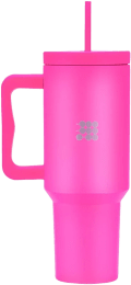 Botella Cubitt aislado de acero inoxidable de 40 oz con asa y tapa con pajita, compatible con portavasos Color Rosa fuerte
