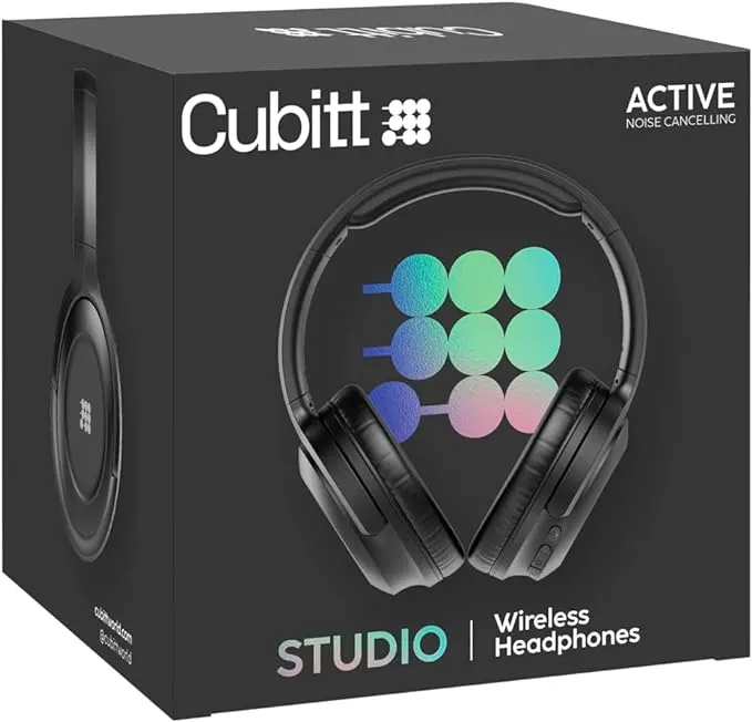 Cubitt Studio Auriculares con cancelación activa de ruido sobre la oreja con micrófono, sonido premium, extensibles y flexibles, carga rápida, batería de larga duración, plegables, color negro