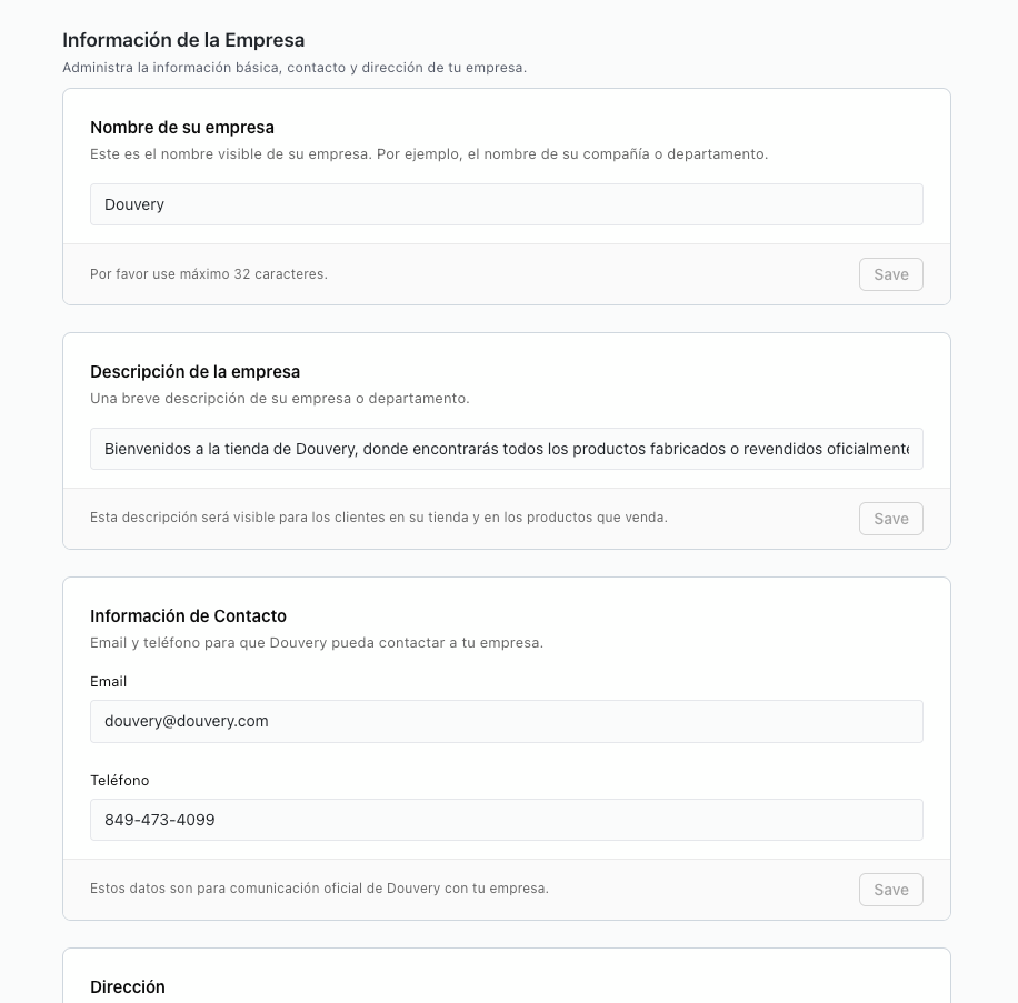 Configuración de empresa en Douvery