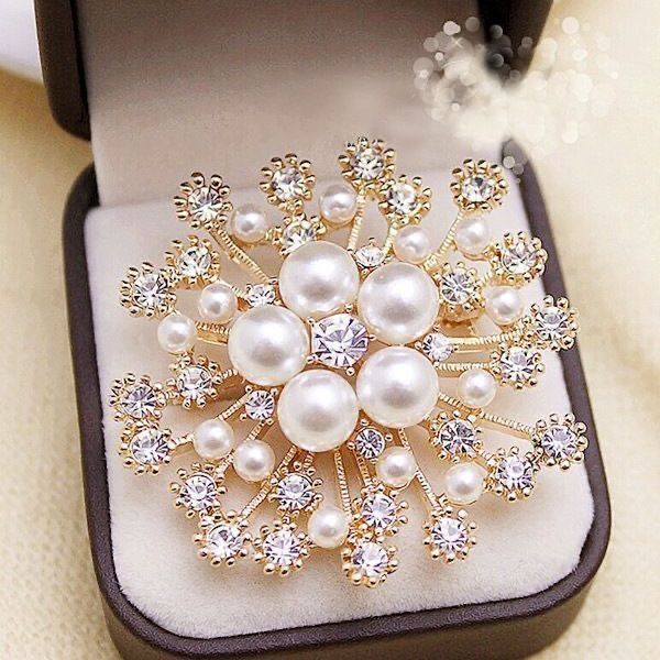 Elegant Pearl & Crystal Snowflake Brooch
