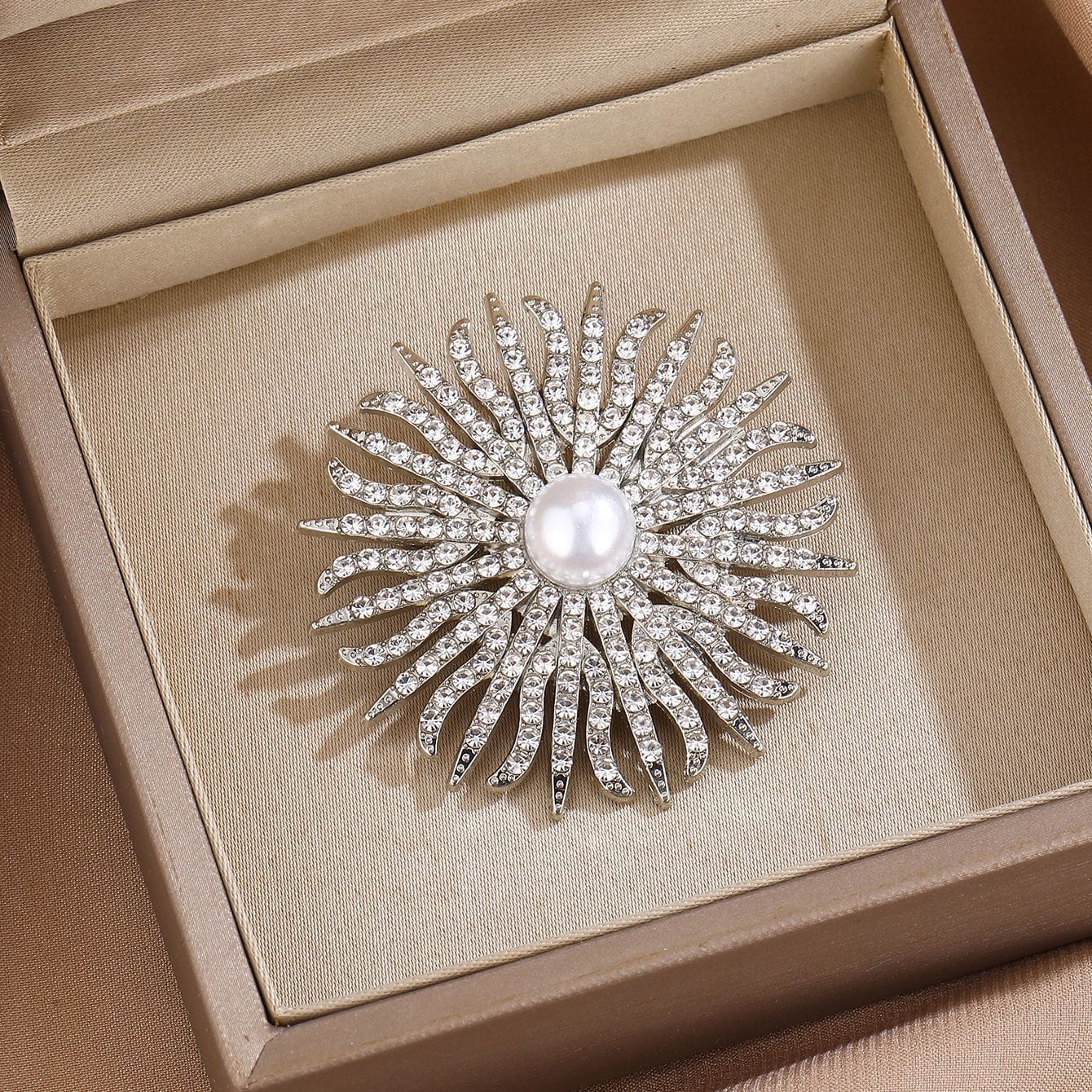 Luxury Sunburst Pearl Crystal Brooch - 2