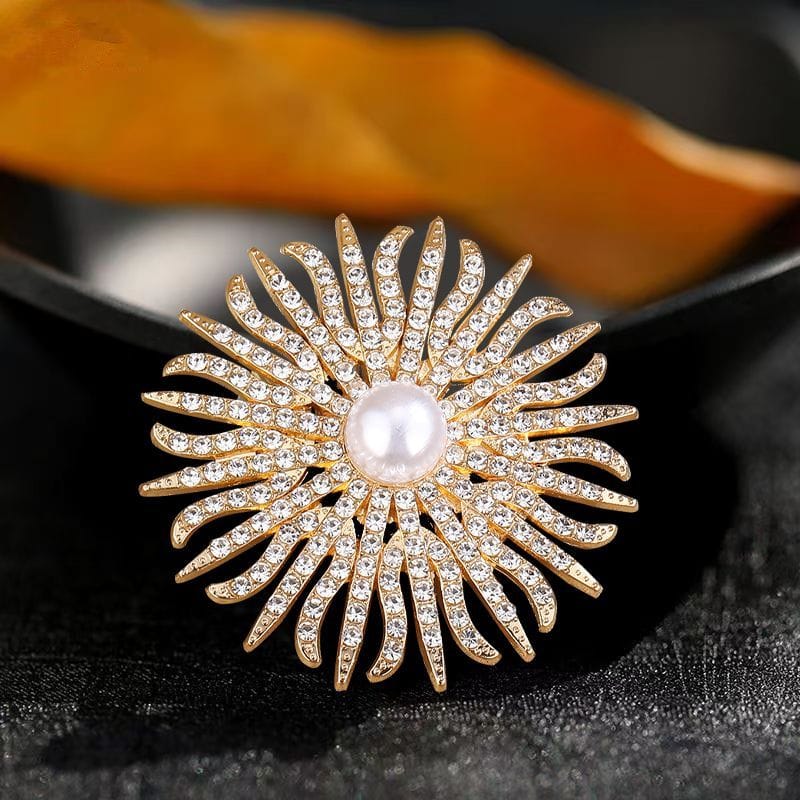 Luxury Sunburst Pearl Crystal Brooch