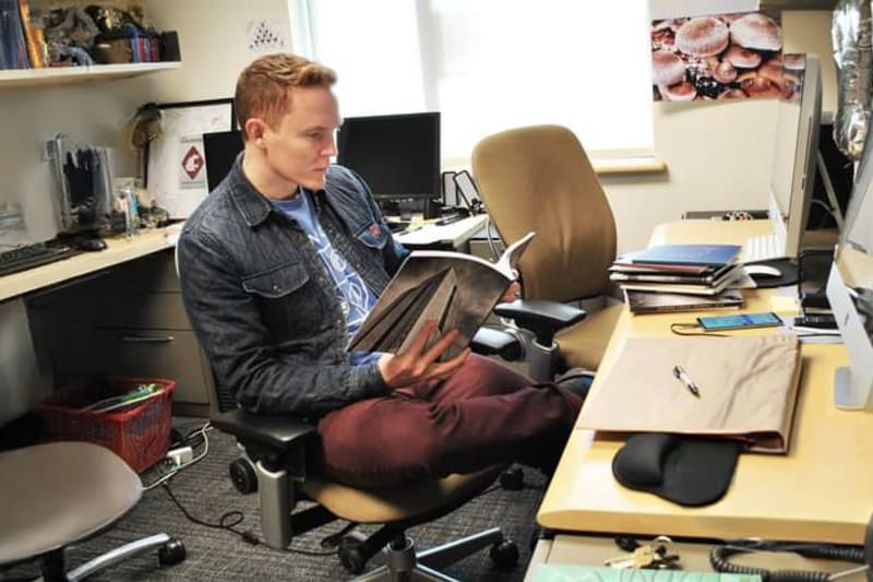 Reading an issue in the Salmon Creek Journal editor’s office