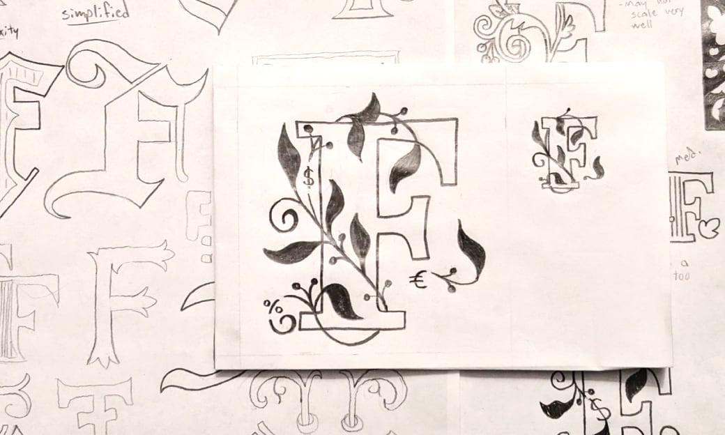 Early lettering sketches for the Financial Fables monogram