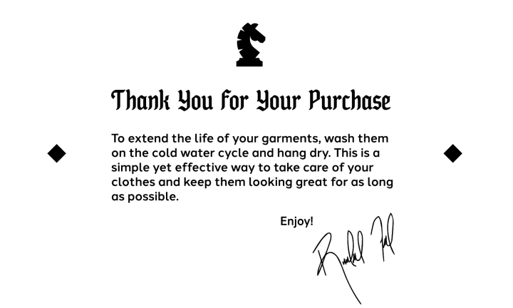 PH Clothing Co care instructions card, front