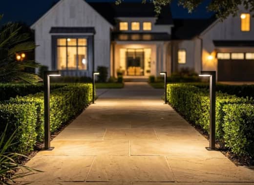 True Lumens™ solar bollard lights on a home front entry walkway with warm 3000K glow at night