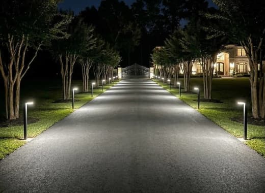 True Lumens™ solar bollard lights lining a long gated residential driveway at night