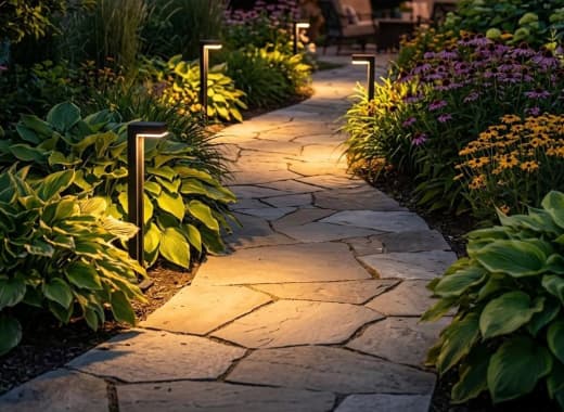 True Lumens™ solar bollard lights on a stone garden walkway with warm 3000K lighting at night