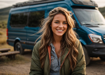 Swedish female vanlifer standing by her blue campervan.jpg