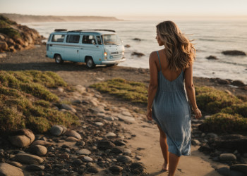 Woman walking to campervan parked on the beach.jpg