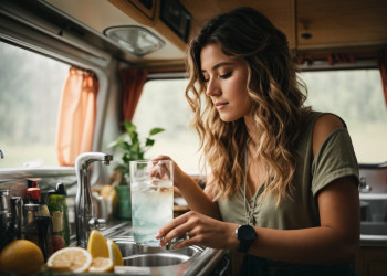 Woman fills water at sink in her van.jpg