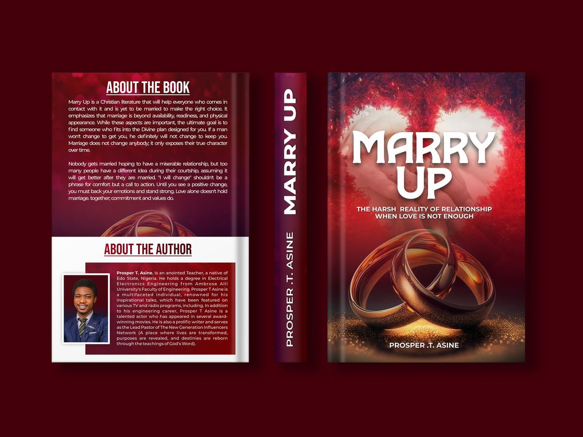 Book cover design for Marry Up by Prosper T. Asine featuring symbolic rings, dramatic tones, and bold relationship-focused typography