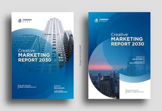 Creative marketing report book cover design with modern corporate layout and city visuals