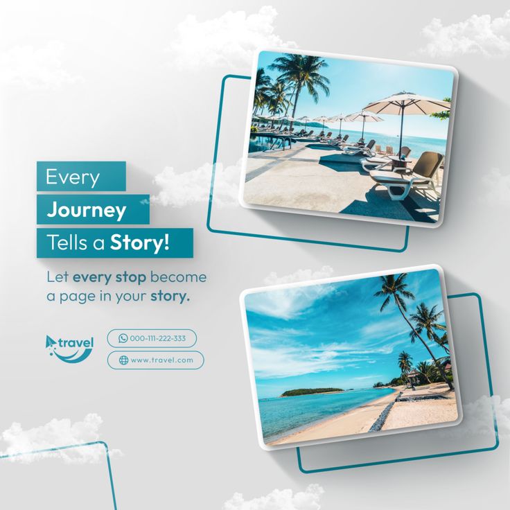 Travel social media post design for SkyTrail Travels featuring beach destinations and storytelling visuals