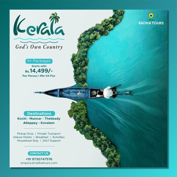 Kerala tour package social media post design for Radha Tours with destination and pricing details