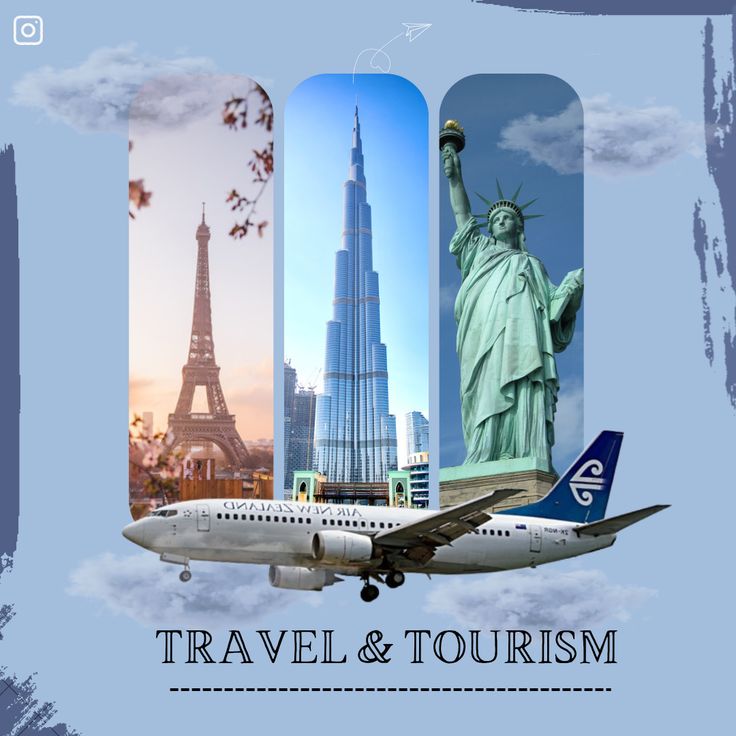 Travel and tourism social media post design showcasing global landmarks and airplane visuals