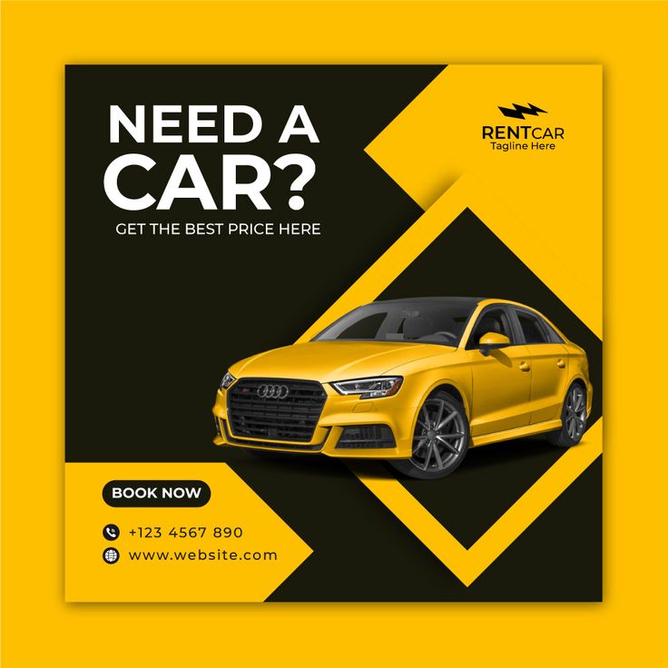 Car rental social media post design for RentGo Mobility featuring yellow car and bold promotional layout