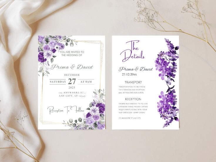 Wedding Invitation & Details Card Design – Lavender Floral Theme
