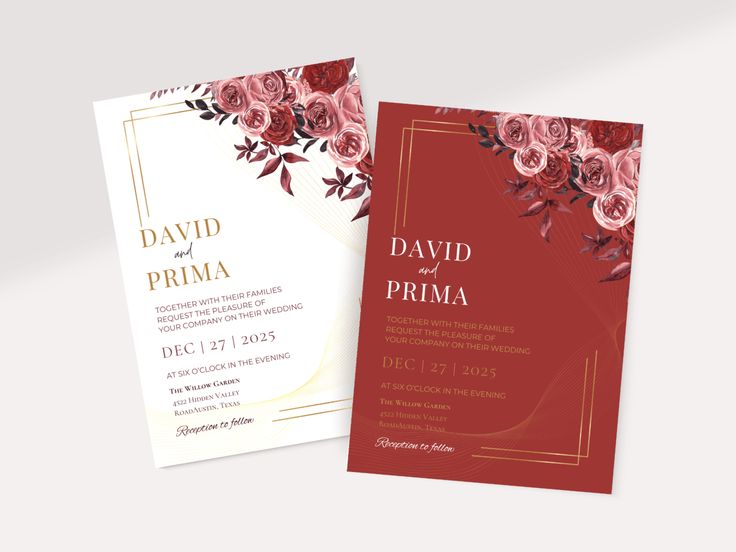 Luxury wedding invitation card design with red floral accents and gold typography