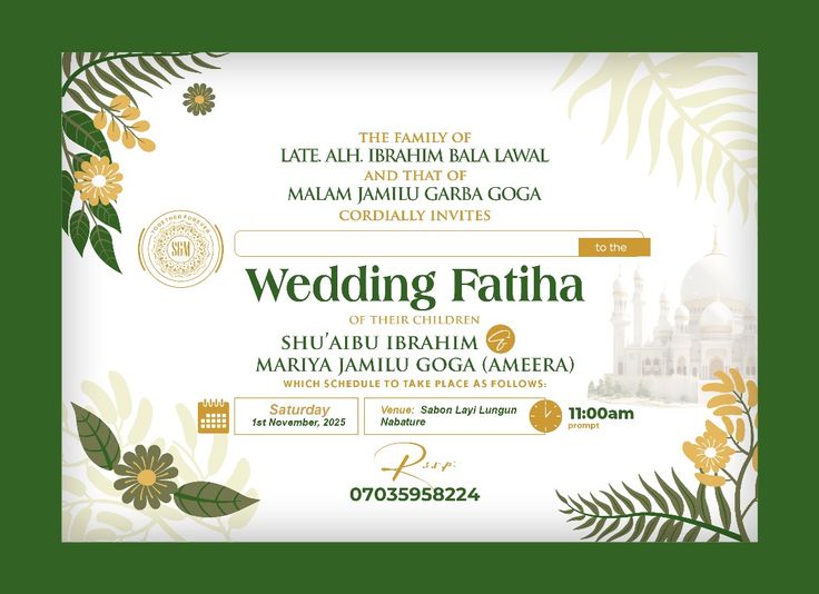 Islamic wedding fatiha invitation card with floral elements and mosque illustration