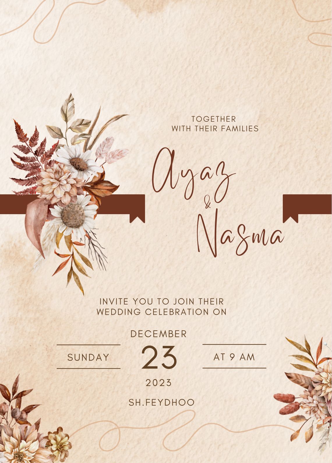 Rustic floral wedding invitation card design for Ayaz and Nasma
